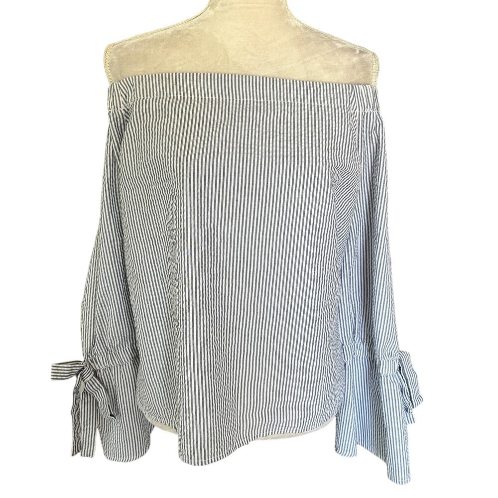 Aqua Off Shoulder Top Blue White Stripes Large Seersucker
